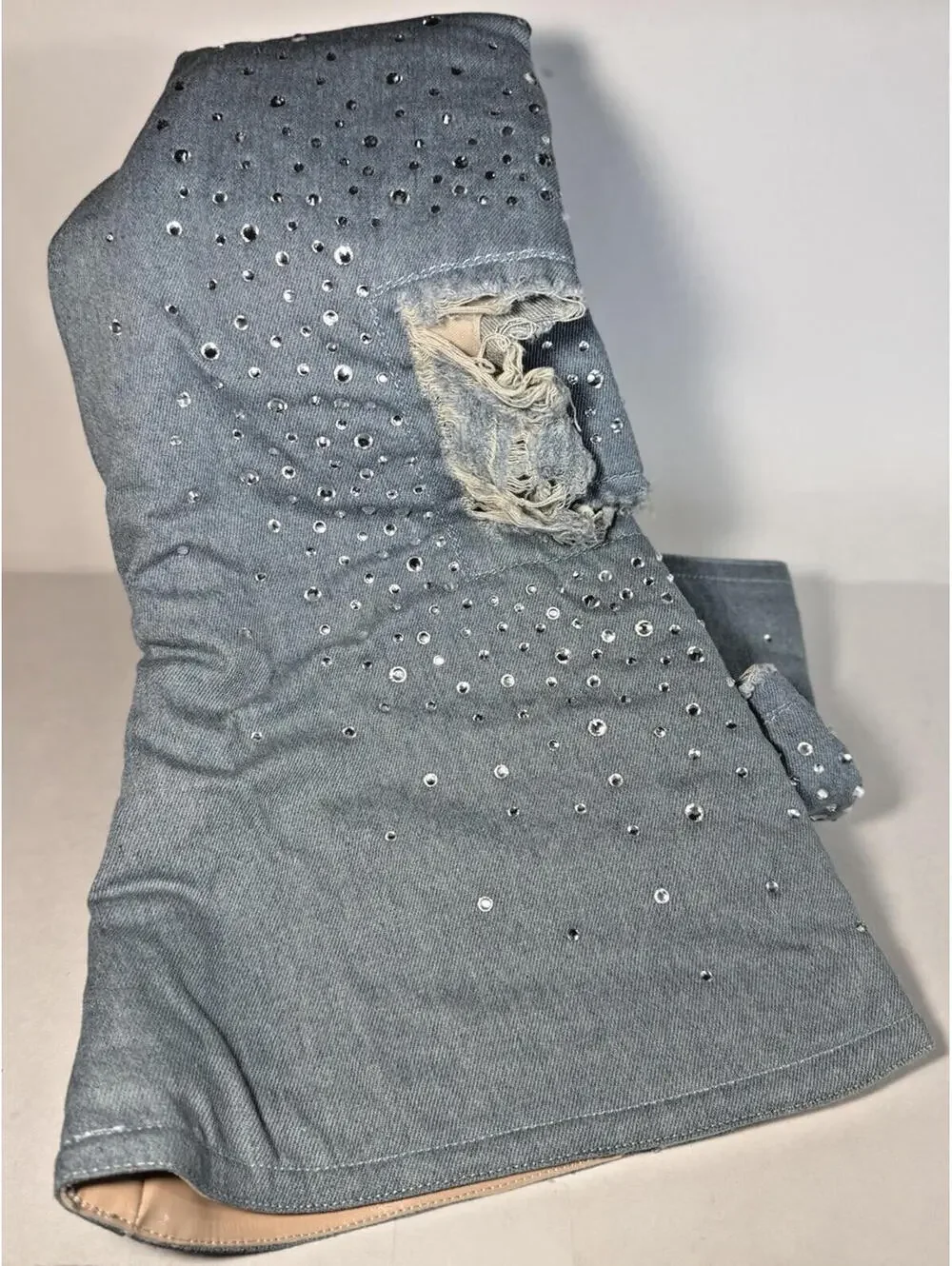 CAPE ROBBIN Kyara Rhinestone Denim Thigh High Heel Boots - Picture 5 of 9